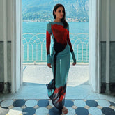 YTSU Mesh PRINTED LONG SLEEVE MAXI DRESS