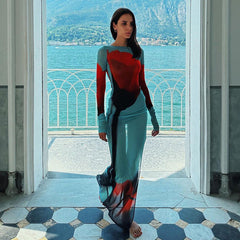 YTSU Mesh PRINTED LONG SLEEVE MAXI DRESS