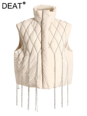 Chaleco DEAT para mujer, holgado, de cuello alto, de una sola botonadura, sin mangas, a cuadros, con borlas de diamantes, invierno 2023, 1DF2572