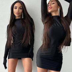 YASU SOLID LOND SLEEVE MINI DRESS with GLOVES