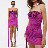 HANAO PINK RUCHED MINI DRESS with TRAIN and ROSE BOWS