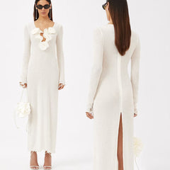 VESTIDO MAXI DE MANGA LARGA DE MALLA SAKURA con FLORES