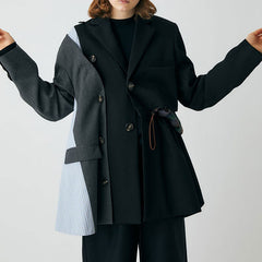 Asymmetric Button Detail Drawstring Waist Deconstructed Hybrid Blazer- Black
