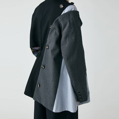 Asymmetric Button Detail Drawstring Waist Deconstructed Hybrid Blazer- Black