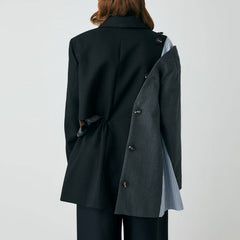 Asymmetric Button Detail Drawstring Waist Deconstructed Hybrid Blazer- Black