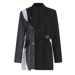 Asymmetric Button Detail Drawstring Waist Deconstructed Hybrid Blazer- Black