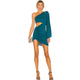 Asymmetric One Shoulder Cutout Ruched Party Mini Dress - Teal