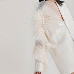 Asymmetric Ruffle Trim Lapel Collar Single Breasted Oversized Blazer- White