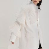 Asymmetric Ruffle Trim Lapel Collar Single Breasted Oversized Blazer- White