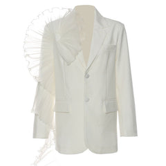 Asymmetric Ruffle Trim Lapel Collar Single Breasted Oversized Blazer- White