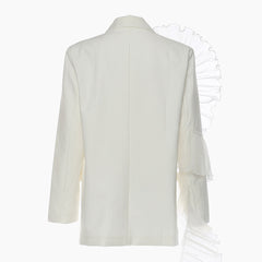 Asymmetric Ruffle Trim Lapel Collar Single Breasted Oversized Blazer- White