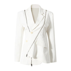 Asymmetric Single Breasted Metal Zip Detail Long Sleeve Lapel Collar Blazer