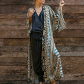 Vestido playero brasileño maxi con mangas y estampado geométrico con cinturón