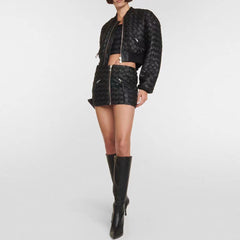 Biker Zip Up Vegan Leather Braided Crop Bomber Jacket Matching Set