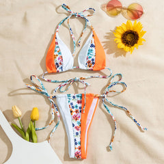 Boho Floral Color Panel Tie String Cheeky Slide Triangle Brazilian Two Piece Bikini Swimsuit