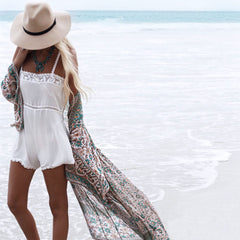 Vestido playero brasileño maxi de gasa con media manga y estampado bohemio