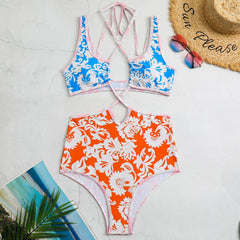 Boho Style Floral Printed Color Panel Cutout Halter Monokini Brazilian One Piece Swimsuit