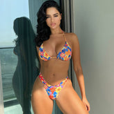 Boho Style Floral Printed High Leg Cheeky Shirred Triangle Brazilian Two Piece Bikini Swimsuit