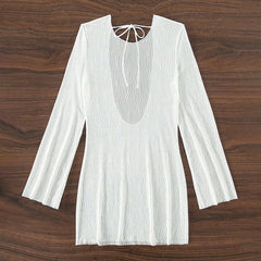 Boho-Stil, gewellter Druck, Krawatte hinten, Glockenärmel, durchsichtiges Netz, brasilianisches Bach-Cover-Up