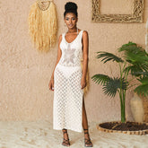 Boho V Neck Split Floral Pointelle Knit Crochet Brazilian Cover Up Midi Tank Dress