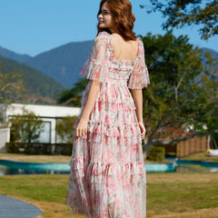 Breezy Short Sleeve A Line Summer Smocked Printed Floral Tulle Ruffle Maxi Dress