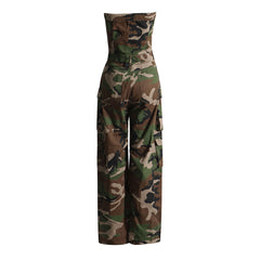 Camouflage Print Button Front Cargo Pocket Strapless Wide Leg Denim Jumpsuit