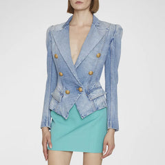 Chic Gold Button Peak Lapel Double Breasted Tailored Denim Blazer- Light Blue