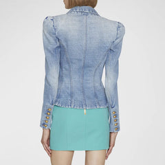 Chic Gold Button Peak Lapel Double Breasted Tailored Denim Blazer- Light Blue