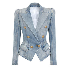 Chic Gold Button Peak Lapel Double Breasted Tailored Denim Blazer- Light Blue