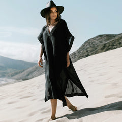 Lässiger, gestreifter, tiefer V-Ausschnitt, geraffter brasilianischer Midi-Strandüberwurf