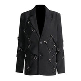 Catch The Star Metallic Trim Lapel Collar Shoulder Pad Oversized Cutout Blazer