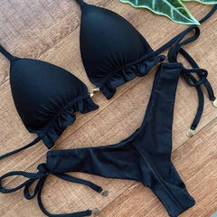 Hawaiian style split strap solid color bikini