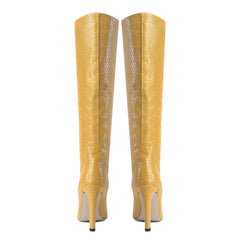 Chic Croc Effect Faux Leather Pointed Toe Knee High Stiletto Boots - Yellow