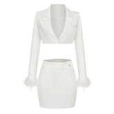Chic Faux Feather Trim Lapel Collar Open Front Cropped BlazerMatching Set