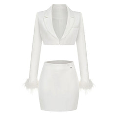Chic Faux Feather Trim Lapel Collar Open Front Cropped BlazerMatching Set