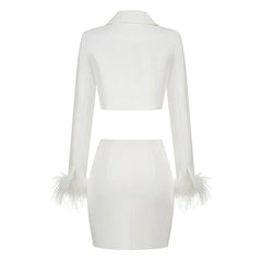 Chic Faux Feather Trim Lapel Collar Open Front Cropped BlazerMatching Set