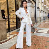 Chic Tie Front BlazerPleated Zip Embellished Pant Matching Set - White
