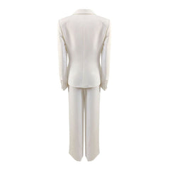 Schickes Blazer-Set mit Bindegürtel vorne, Plissee-Reißverschluss und verzierter Hose - Weiß