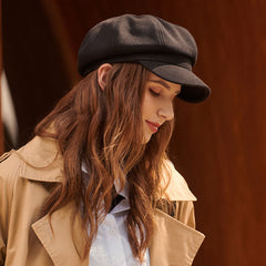Gorra clásica de vendedor de periódicos de mezcla de lana texturizada con diseño de espiga de pescado en color puro