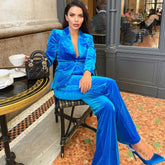 Classy Velvet Single Breasted Tailored BlazerFlare Pant Matching Set - Blue