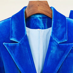 Classy Velvet Single Breasted Tailored BlazerFlare Pant Matching Set - Blue