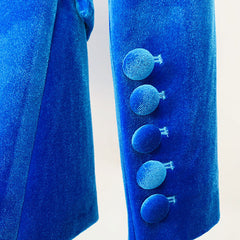 Classy Velvet Single Breasted Tailored BlazerFlare Pant Matching Set - Blue