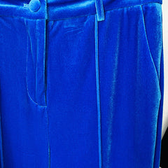 Classy Velvet Single Breasted Tailored BlazerFlare Pant Matching Set - Blue