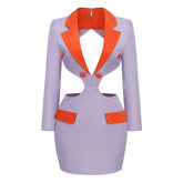 Contrast Lapel Collar Deep V Cut Out Backless Tailored Mini BlazerDress