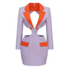 Contrast Lapel Collar Deep V Cut Out Backless Tailored Mini BlazerDress
