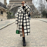 Cozy Lapel Collar Single Breasted Checkered Pattern Sherpa Teddy Coat - Black