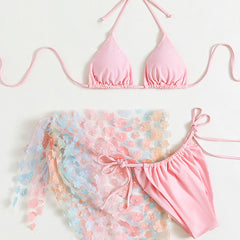 Cute Floral Applique Slide Triangle Brazilian Three Piece Bikini Swimsuit