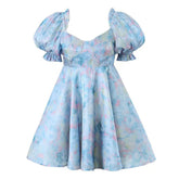 Cute Tie Dye Printed Sweetheart Neck Puff Sleeve Fit and Flare Summer Mini Dress