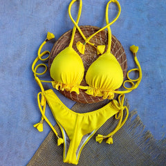 Solid color suspenders with wooden ears two-piece swimsuit