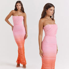 ASHY GRADIENT PINK ORANGE BODYCON MAXI DRESS